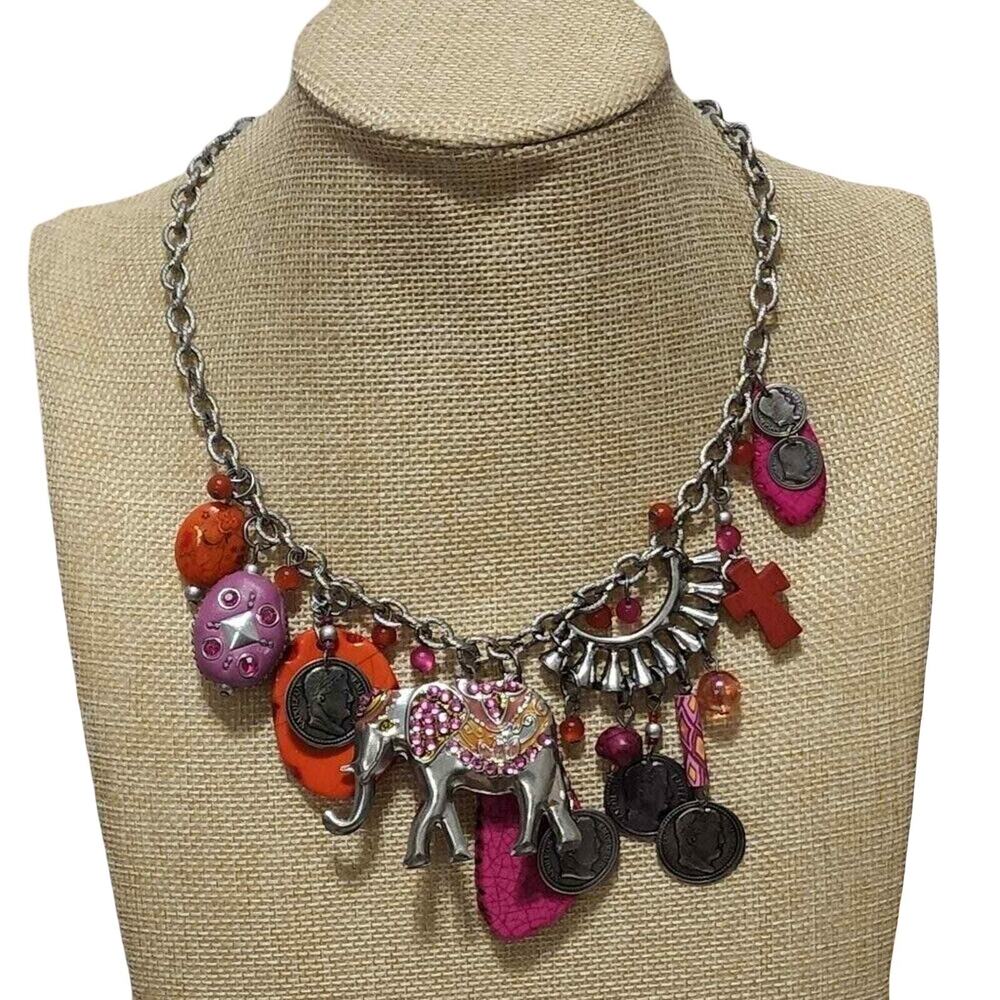 Treska Boho Elephant Charm Necklace Silver Pink Orange Coin Statement Jewelry